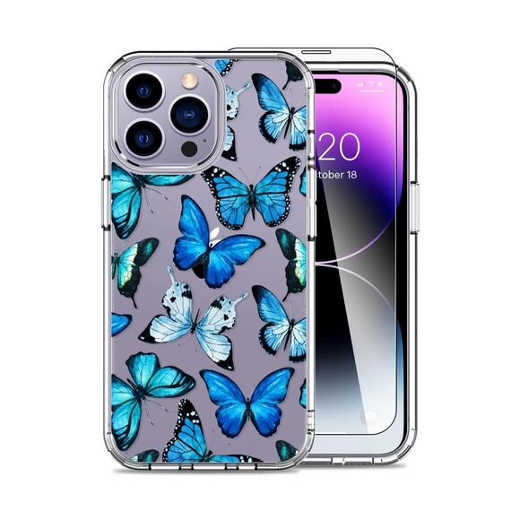 iPhone 14 Pro Acrylic Phone Case with Screen Protector - Floral Blue Butterflies - Picture 4 of 4